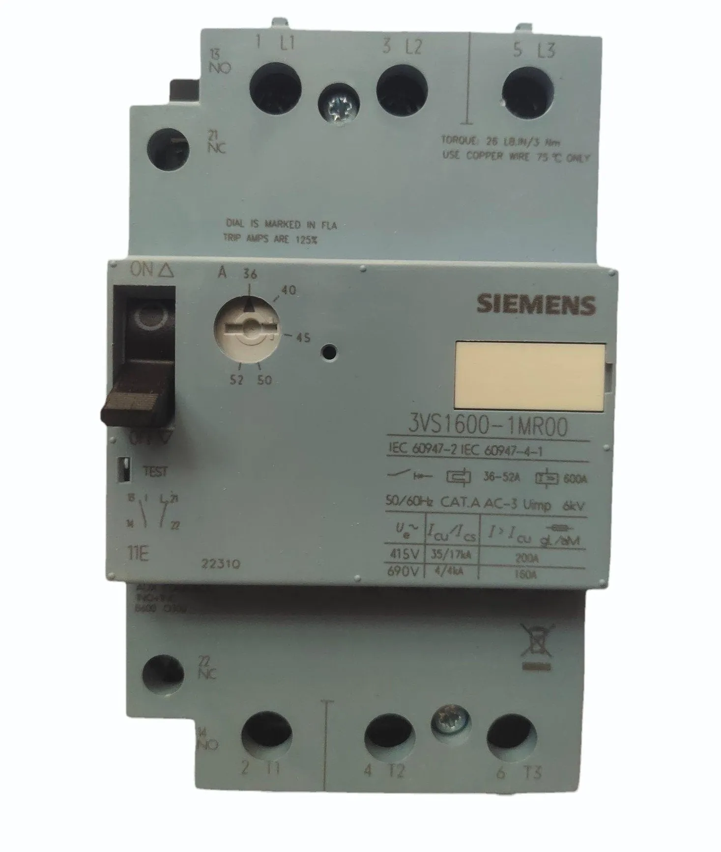 Siemens 3VS1600-1MR00 Motor Protection Circuit Breaker – 36–52A